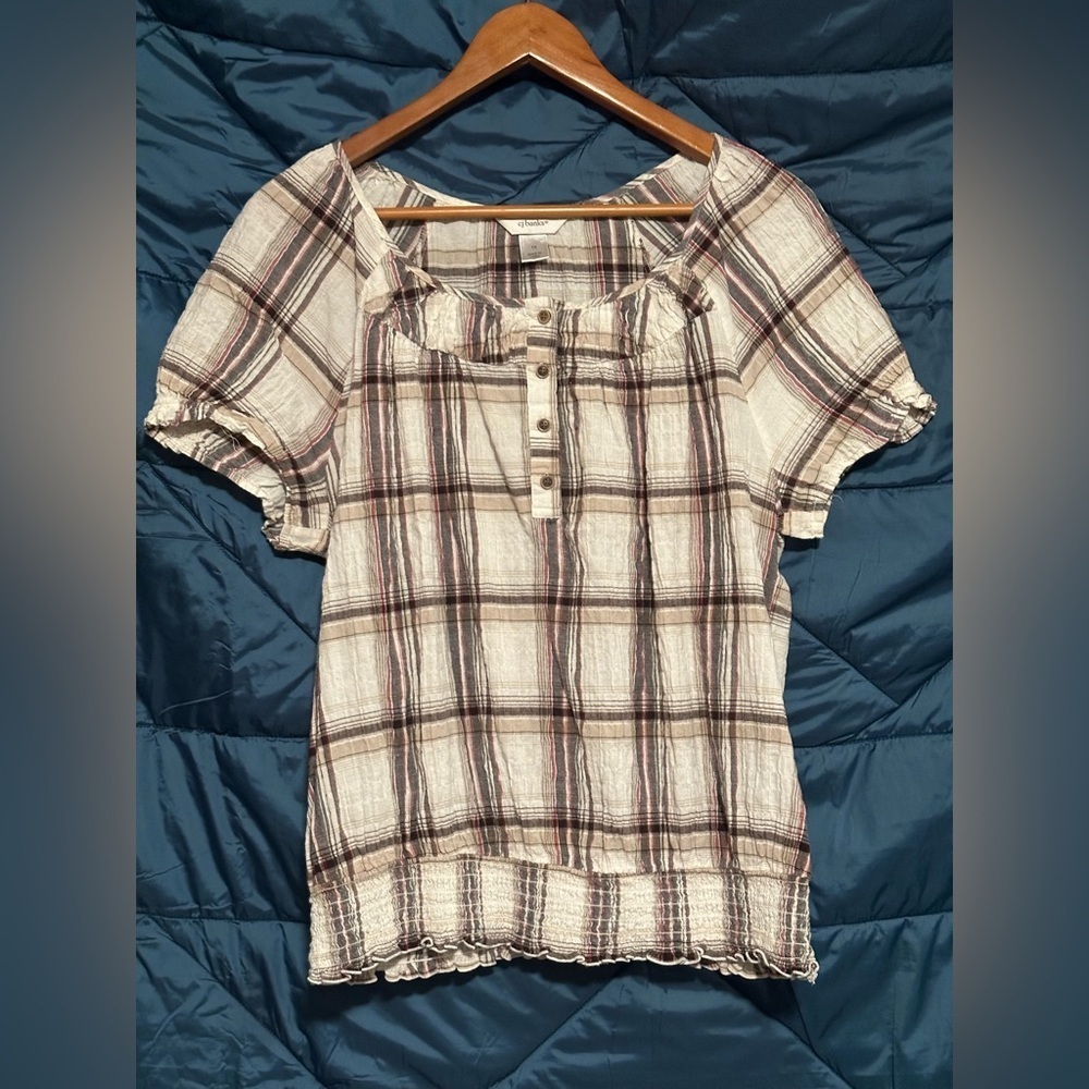 CJ Banks Women’s White and Black Plaid Blouse